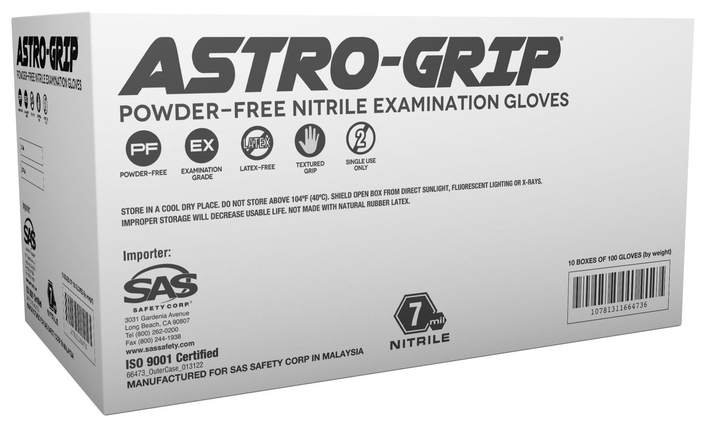 SAS Astro-Grip Powder-Free Exam Grade Nitrile Disposable Gloves - Case